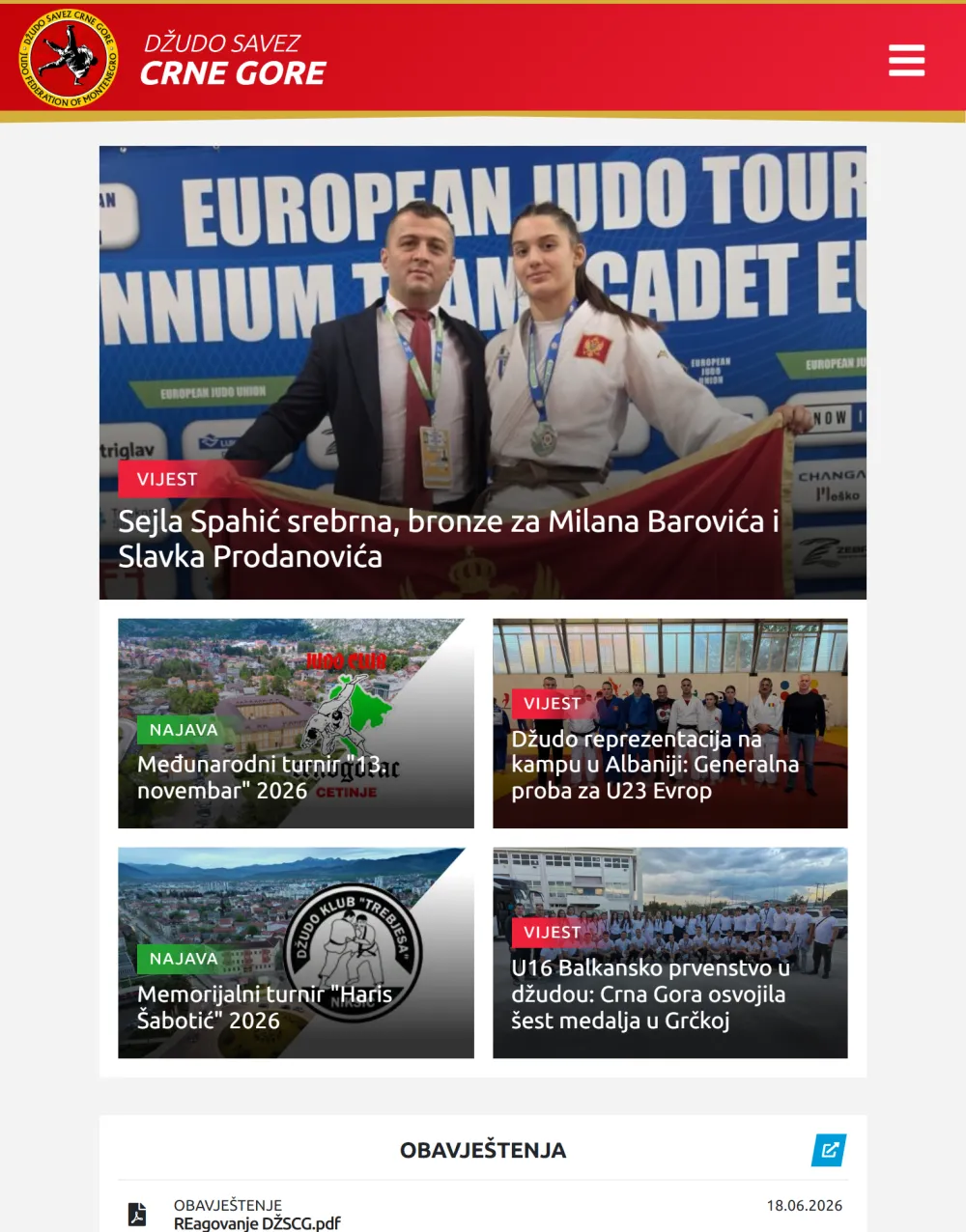Džudo savez Crne Gore — naslovna strana na tabletu