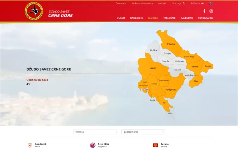 Awesome Judo Software — klubovi Crne Gore na mapi na računaru