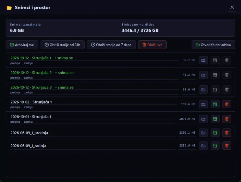 JudoVision Recorder — recordings and disk space